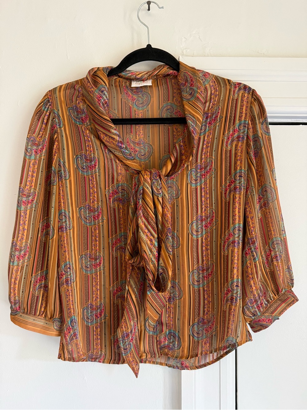 Vintage Mustard Paisley Stripe Tie-Neck Blouse